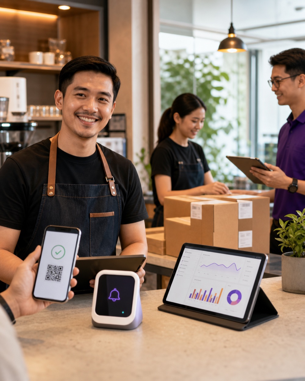A merchant team coordinating QR payments, connected systems and parcel fulfillment